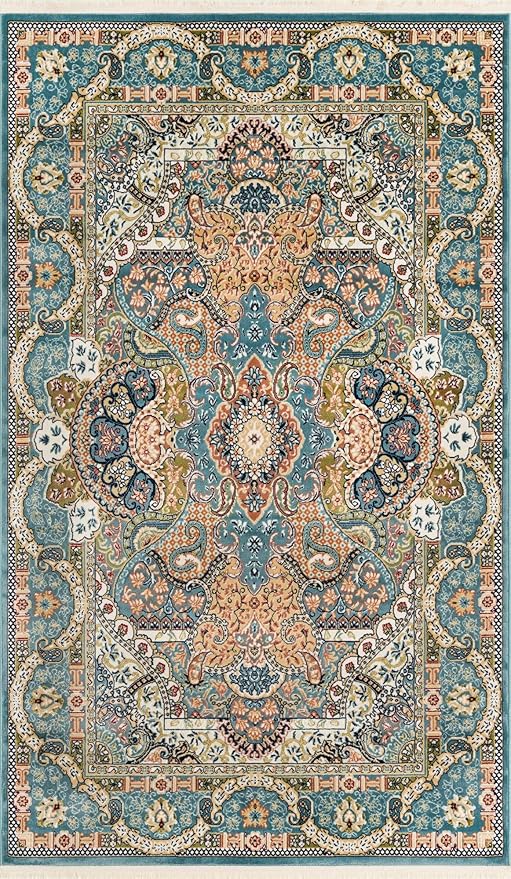 Unique Loom Narenj Collection Classic Traditional Medallion Textured Design Area Rug, 5 x 8 ft, Blue/Tan