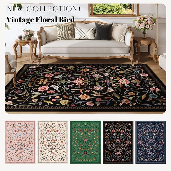 Vintage Medallion Floral Washable Runner Rug 2'7"x8', Non-Slip Low Pile Soft Carpet for Hallways, Laundry, Bedroom, Bathroom, Entryway | Black