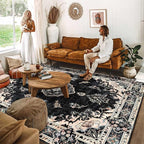 MUJOO Black Rug 8'x10' Area Rugs for Living Room Bedroom Dining Room,Large Washable Boho Bohemian Vintage Distressed Farmhouse Non Slip Carpet, Floral Flowers