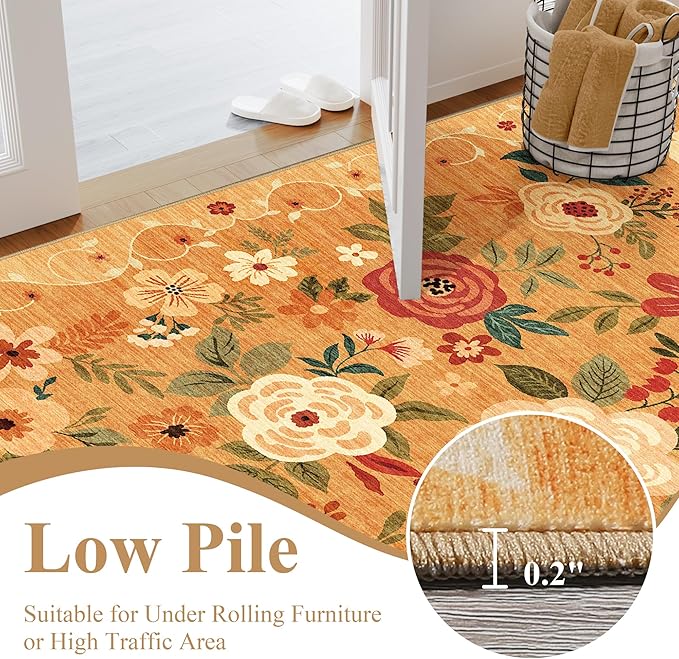 DUKINO 2x4 Rug for Entryway, Washable Kitchen Floral Runner Rug with Non Slip Backing, Low Pile Soft Boho Carpet for Kitchen, Hallway, Entryway, Laundry, Bedroom, Orange