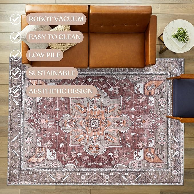 Distressed Modern Rug, Terracotta Vintage Inspired Medallion Geometric Large Area Rugs for Living Room Bedroom Bathroom Kitchen Home (857RB, 2' x 3')