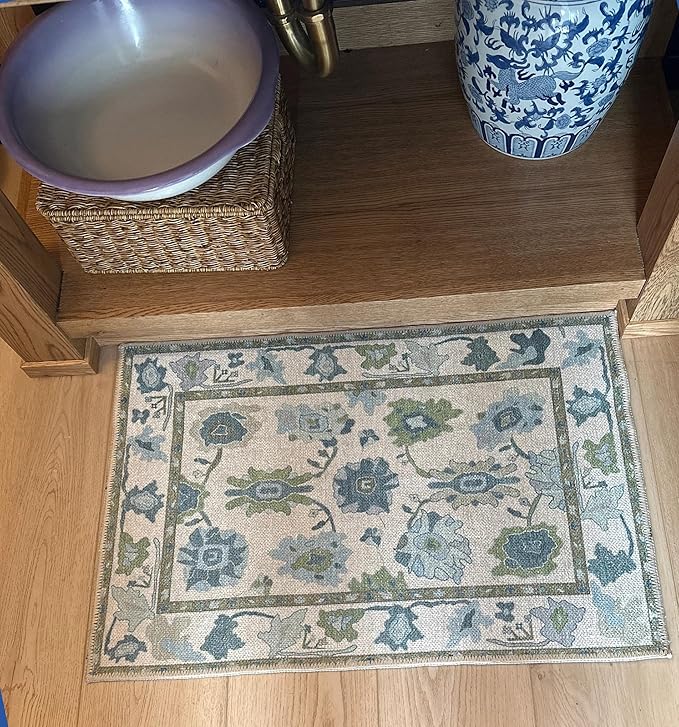 Fame Living Green Oushak Rug, Modern Small Rugs, Vintage, Turkish, Eclectic, Floral, Pastel, Washable, Door Mat, Doormat for Indoor Entrance, Entryway, Kitchen, Bathroom, Bedroom, Laundry, 2'x3'