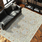 Vintage Beige Blue Living Room Rug, 6x9 Washable Area Rugs for Dining Room Under Table, Soft Low Pile Large Carpet Bedroom, Non-Slip Boho Floral (6 x 9 Beige Blue)