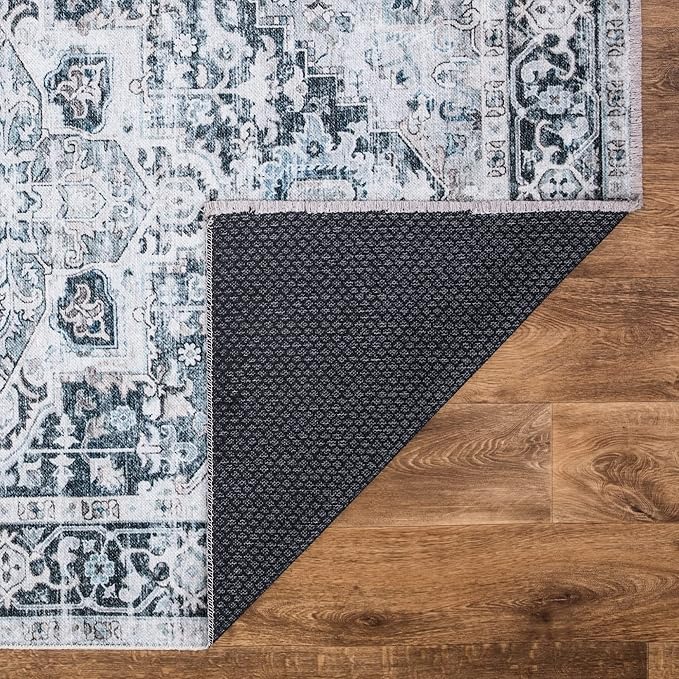 Bloom Rugs Caria Washable Non-Slip 12 ft Runner - Denim Blue Traditional Runner for Entryway, Hallway, Bathroom, and Kitchen - Exact Size: 2'6" x 12'