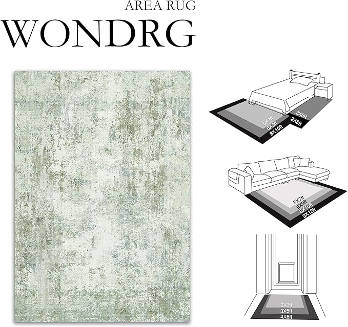 12x15 Washable Area Rug Sage Green Abstract Living Room Bedroom Carpet Neutral Modern Non-Slip Soft Low Pile Lightweight Vacuumable Large Throw Rug for Dining Room