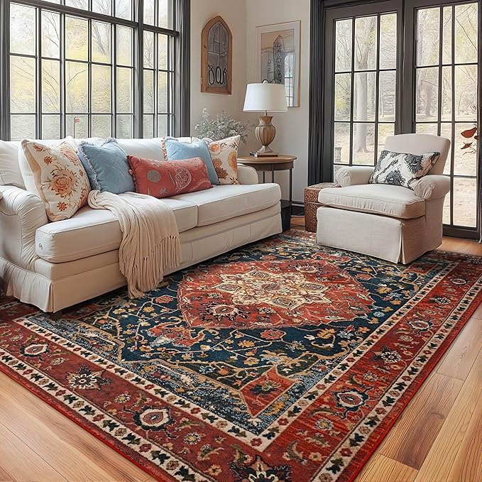 YJ.GWL Area Rugs for Living Room 9x12 Machine Washable Rugs, Non Slip Floral Vintage Rug Indoor Carpet, Stain Resistant Large Rug for Bedroom Dining Room, Orange-Red