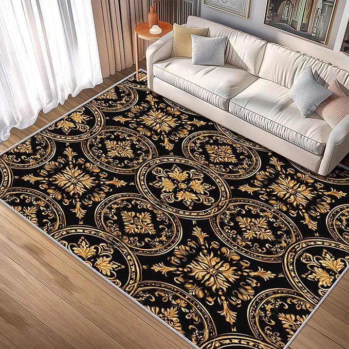 Black Gold Baroque Rug Small, Washable 2x3 Throw Rug for Entryway, Floral Geometric Patterned Indoor Door Mat, Black Gold Baroque Decor for Home, Bedroom, Soft Non Slip Thin Design FER62