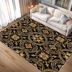 Black Gold Baroque Rug, Washable 4x5 Rug for Living Room, Floral Geometric Patterned Indoor Carpet, Black Gold Baroque Decor for Home, Bedroom, Soft Non Slip Thin Design FER65