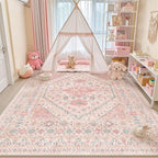 zesthome 10x12 Area Rugs for Girls Bedroom, Low Pile Machine Washable Rugs, Vintage Large Pink Rugs, Stain Resistant Nursery Room Rug, Baby Crawling Rug (Pink/Blue,10'x12')
