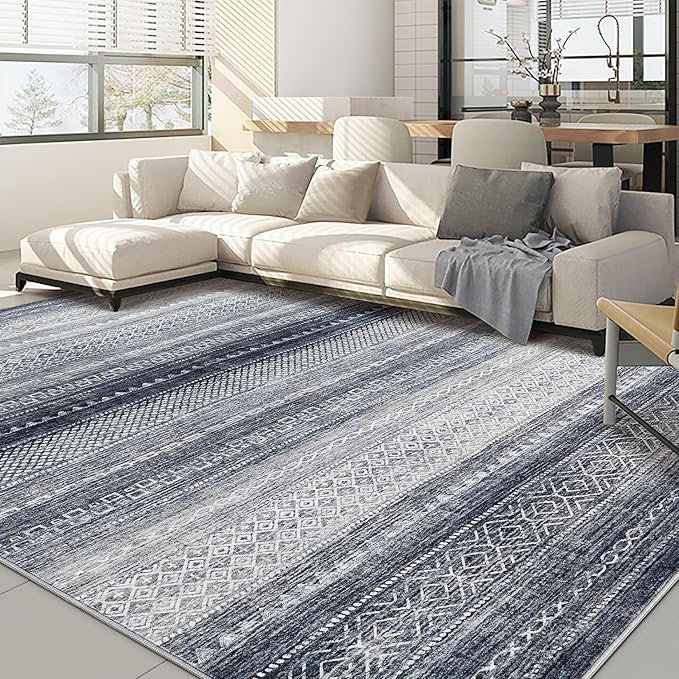 Nakagishi 12x15 Area Rug Living Room: Washable Boho Large Neutral Modern Soft Stain Resistant Farmhouse Indoor Floor Rug Non-Slip Carpet for Bedroom Nursery Kids Playroom Office Dining Room- Blue