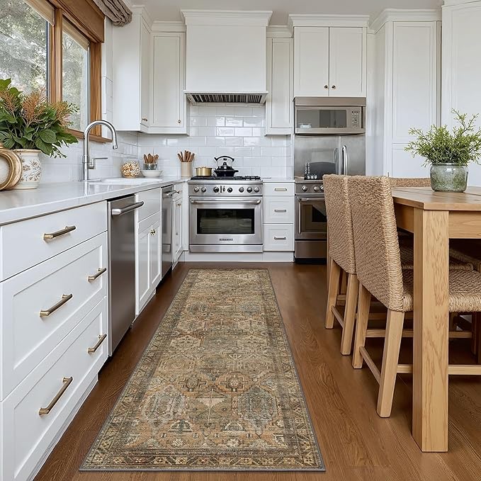 Bavni Runner Rug 3x8 Kitchen Rugs for Hallways Entryway, Washable Vintage Print Carpet, Ultra-Thin Chenille Low Pile Lightweight Rug with Non Slip Backing, Warm Taupe