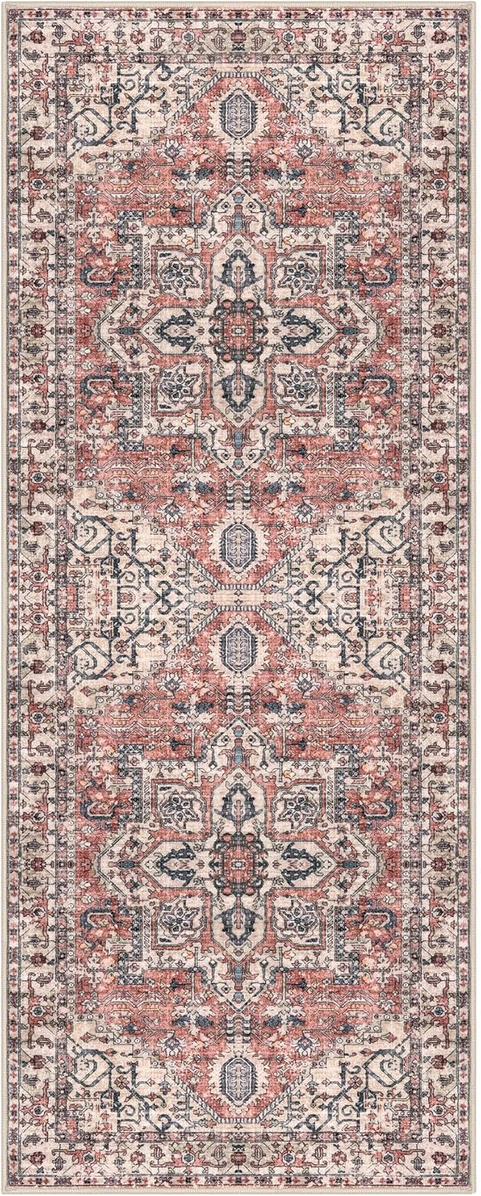 KOZYFLY Boho Runner Rug 3x8 Ft Washable Hallway Rug Faux Wool Printed Long Floor Carpet for Entryway Bedroom Kitchen Living Room Indoor Soft Durable Design, Terracotta/Beige