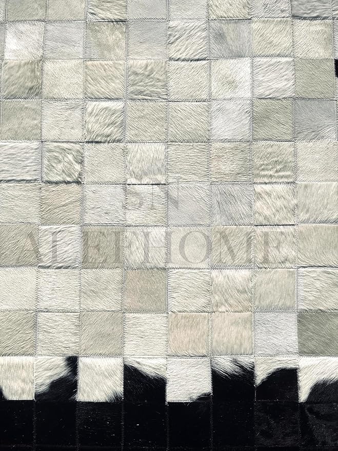 Round Geometric Patchwork Cowhide Leather Area Rug – Washable Non-Slip Modern Carpet for Living Room, Bedroom, Office & Home Décor, Faux Cowhide Accent Rug (Black & White, 5×5ft)