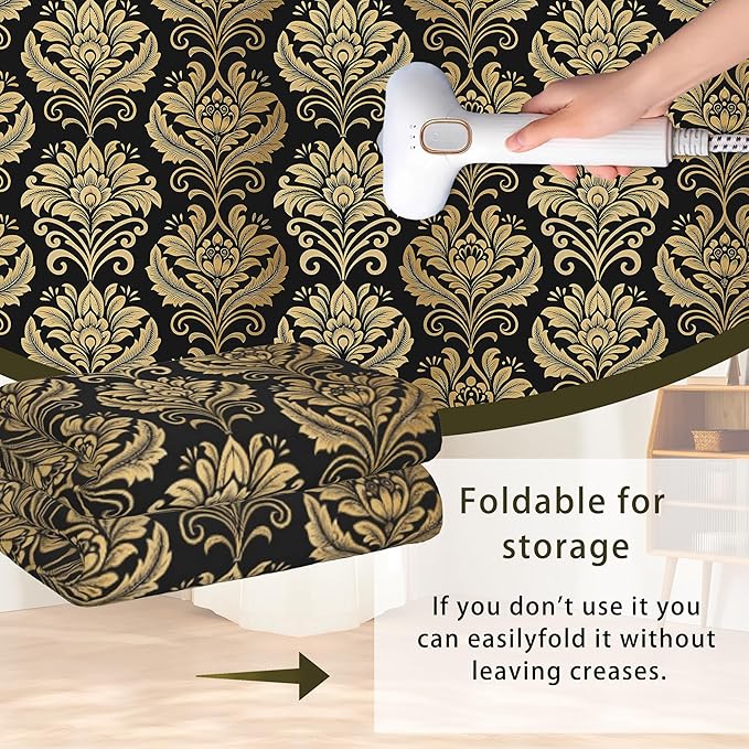 Black Damask Flower Golden Carpet for Living Room, 3x5 Non-Slip Washable Low Pile Abstract Design Rug, Space Saving Area Rug for Bedroom, Dining Room