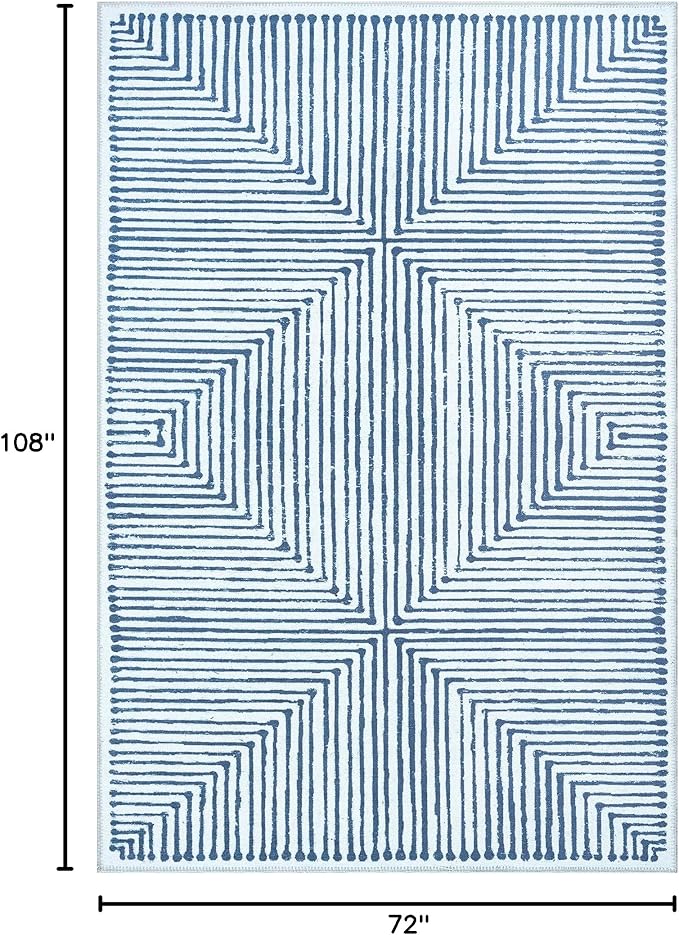 Bloom Rugs Washable Non-Slip 6' x 9' Rug - Blue/Ivory Striped Area Rug for Living Room, Bedroom, Dining Room, and Kitchen - Exact Size: 6' x 9'
