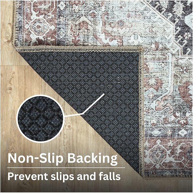 Bloom Rugs Washable Non-Slip 9' x 12' Rug - Charcoal/Brown Traditional Medallion Area Rug for Living Room, Bedroom, Dining Room, and Kitchen - Exact Size: 9' x 12'