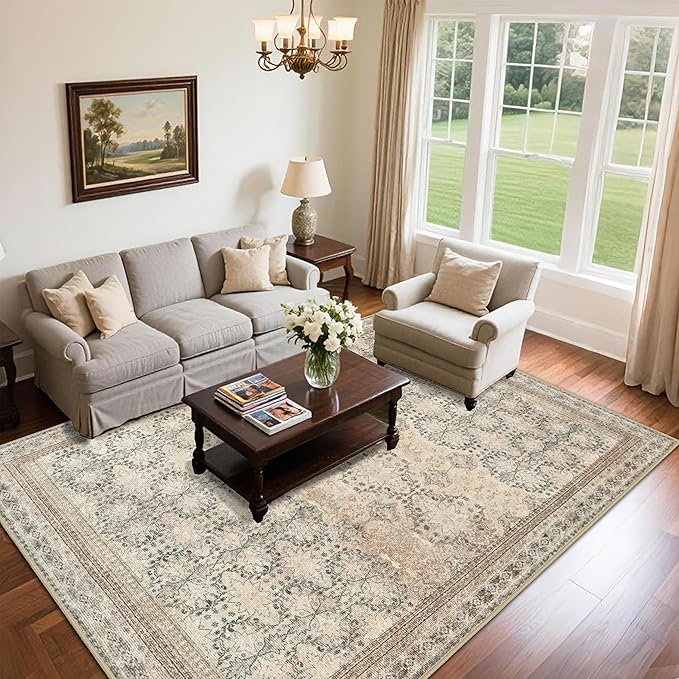 4x6 Area Rug for Bedroom Machine Washable, Non Slip Vintage Floral Kitchen Rugs for Dining Room, Rustic Indoor Floor Carpet for Nursery, Farmhouse, Office Classroom Beige/Pink/Orange