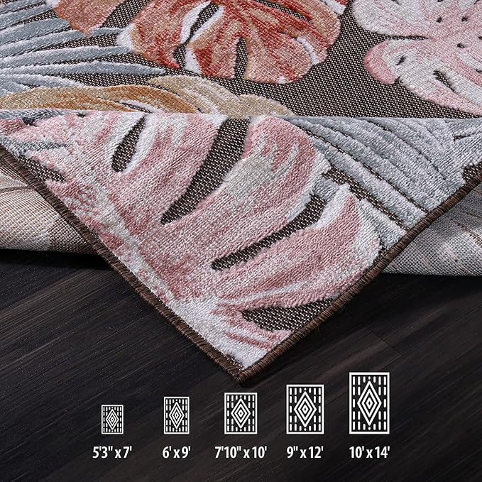 CAMILSON Indoor Outdoor Rug, Brown 4x6 Leaf Tropical Botanical Area Rugs for Indoor and Outdoor patios, Easy-Cleaning Non-Shedding Living Room, Garden and Kitchen Washable Outside Carpet (4 x 6)