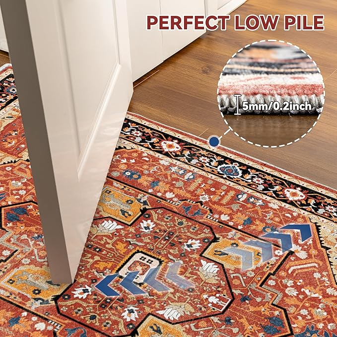 EnHomee 5x7 Area Rugs Washable for Bedroom, Boho Vintage Rugs, Foldable Area Rug for Dining Room, Non-Slip Soft Living Room Rug, Low Pile Large Carpet for Bathroom, Red