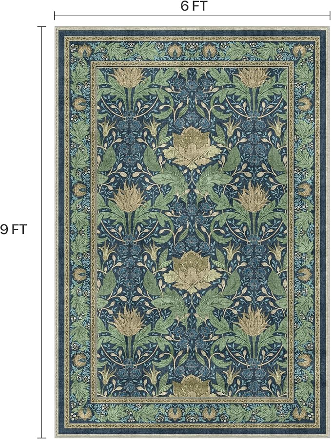 Bavni 6x9 Area Rugs, Floral Machine Washable Rugs for Living Room, Dinning Room, Bedroom, Non Slip Aesthetic Vintage Low Pile Durable Lightweight Farmhouse Rug, Tea Green/Blue