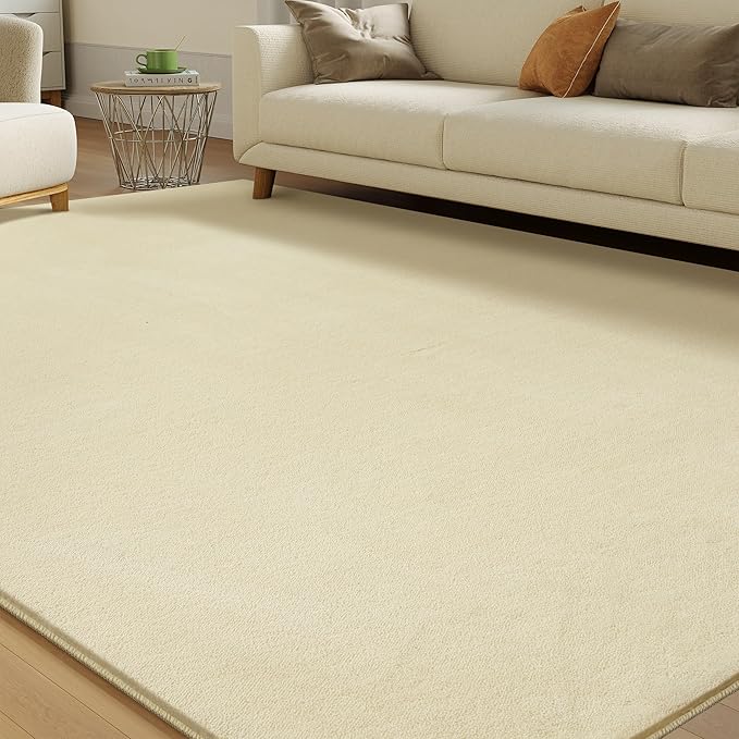 Solid Washable Area Rug - 9x12 Medium Pile Faux Cashmere Carpet for Living Room Bedroom, Light Yellow
