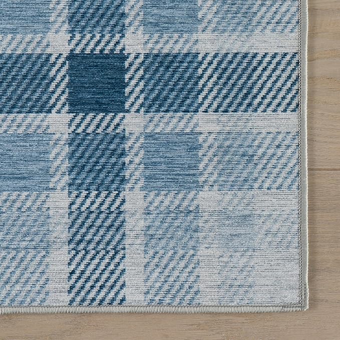 Dash & Albert Andri Plaid Blue Machine Washable Rug, 7.5 X 9.5 Feet, Blue/White Plaid Pattern