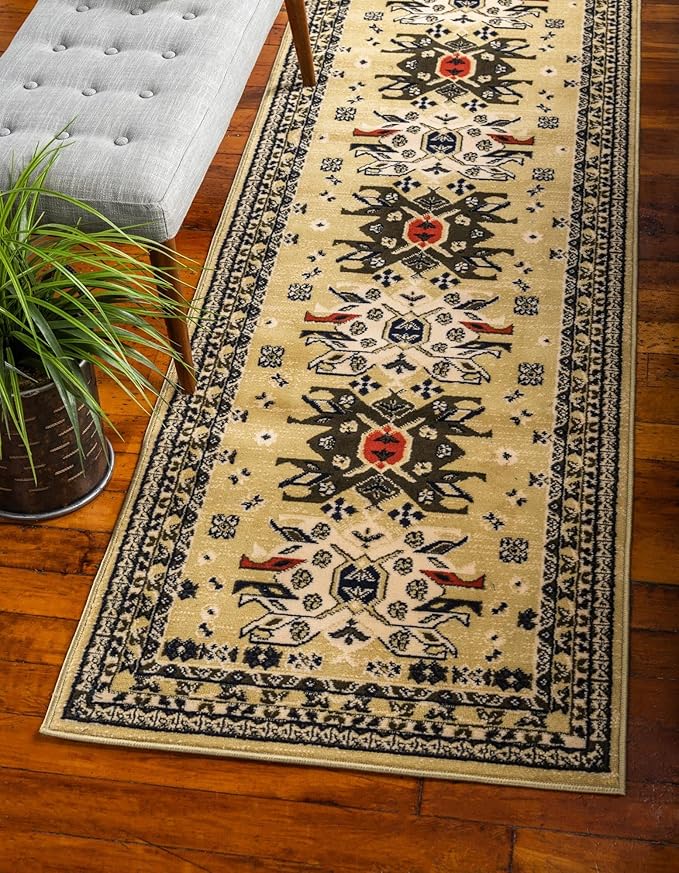 Unique Loom Taftan Collection Border Geometric Tribal Inspired Design Area Rug (3' 0 x 16' 5 Runner, Gold/ Gray)