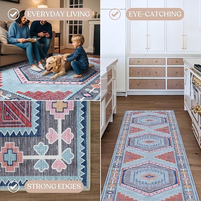 Fame Living Washable Area Rug. Modern Farmhouse. Vintage. Turkish. Bohemian. Distressed. Oriental. Traditional. Rugs for Living Room. Dining. Bedroom. Office. Entryway. Foyer. (856BlM, 7'5" x 9'8")