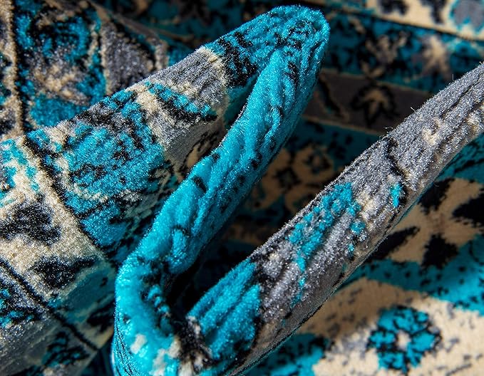 Unique Loom Taftan Collection Border Geometric Tribal Inspired Design Area Rug (8' 0 x 8' 0 Round, Turquoise/ Gray)