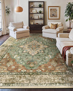 Area Rugs 10'x14' Washable Non-Slip, Floral Vintage Distress Print Pattern Medallion Carpet for Living Room Bedroom Dining Room, Brick Red Rust Neutral Brown Burnt Orange Green