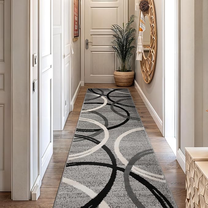 Rugshop Wavy Circles Design Runner Rug, Non-Shedding Carpet for Hallway, Kitchen, or Entryway, Gray, 2'7" x 12'
