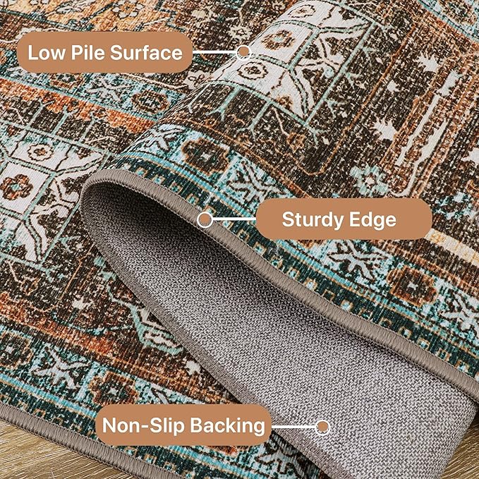 Bavni Runner Rug 2x6 Kitchen Rugs for Hallways Entryway, Washable Print Carpet, Low Pile Lightweight Rug with Non Slip Backing, Vintage Brown/Blue