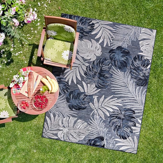 CAMILSON Indoor Outdoor Rug, Navy Blue 6’x9’ Leaf Tropical Botanical Area Rugs for Indoor and Outdoor patios, Easy-Cleaning Non-Shedding Living Room, Garden and Kitchen Washable Outside Carpet (6x9)