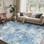 Bavni 6x9 Area Rugs Machine Washable Rug for Living Room, Modern Printed Rug Indoor Soft Area Rug for Bedroom Dining Room, Ultra-Thin Low Pile Carpet with Non Slip Rubber Backing, Denim Blue