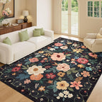 DUKINO 5x7 Area Rug, Floral Design, Lightweight Non Slip Washable, Indoor Low Pile & Non-Shedding Boho Rug for Bedroom, Living Room, Dining Room, Black