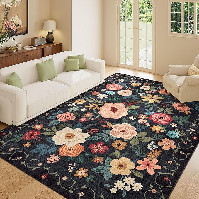 DUKINO 6x9 Area Rug, Floral Rugs for Living Room, Lightweight Non Slip Washable Indoor Low Pile & Non-Shedding Boho Design Carpet for Bedroom, Living Room, Dining Room, Black