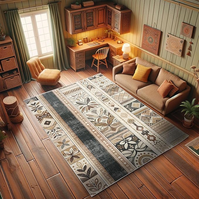 Ambesonne Southwestern Decorative Rug, Geometric Designs with Botanical Forms in Earthy Ethnic Color Palette, Quality Carpet for Bedroom Dorm and Living Room, 2' 2" x 3' 7", Black Brown Grey