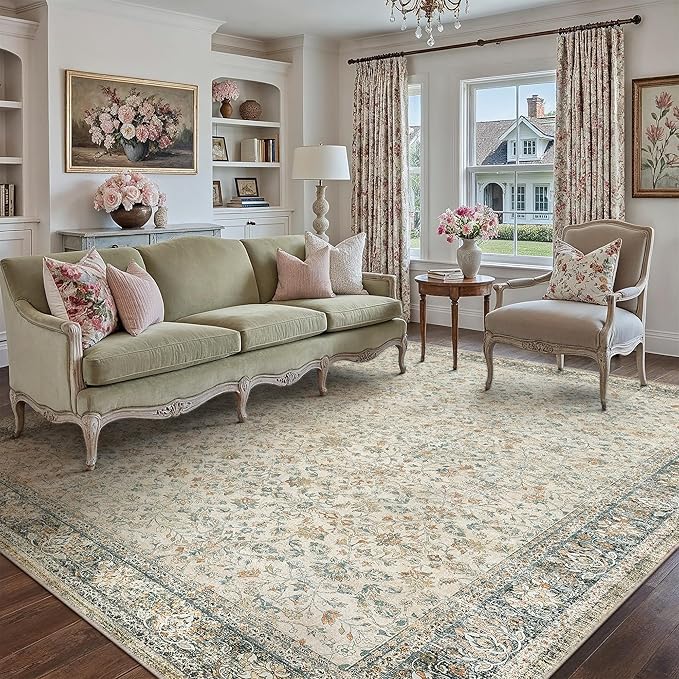 Beige Area Rug 6x9 Living Room Machine Washable Vintage Carpet Non Slip Indoor Retro Traditional Accent Throw Large Rug for Office Bedroom Dining Room Playroom