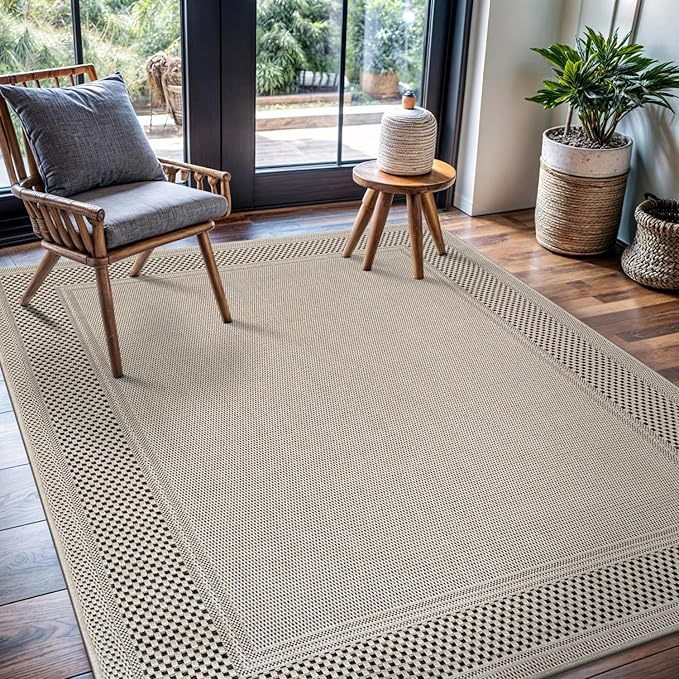 CAMILSON Easy Jute Rug 5x7, Indoor Outdoor Off-White Color Fiber Area Rugs for Living Room Patio and Kitchen Rug Bordered Boho Woven Design, Easy-Cleaning, Washable Outside Carpet (5 x 7)