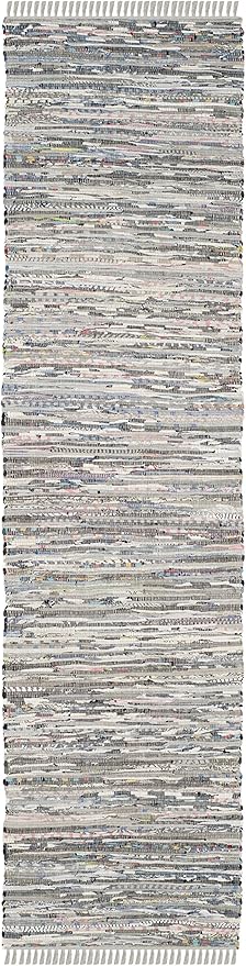 SAFAVIEH Rag Rug Collection Runner Rug - 2'3" x 11', Grey, Handmade Boho Stripe Cotton, Ideal for High Traffic Areas in Living Room, Bedroom (RAR121A)
