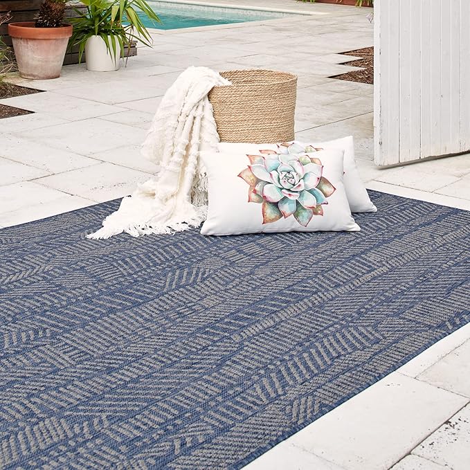 FH Home Flat Woven Outdoor Rug - Waterproof, Easy to Clean, Stain Resistant - Premium Polypropylene Yarn - Modern Abstract - Patio, Porch, Deck, Balcony - Suez - Blue - 5ft 2in x 7ft 6in