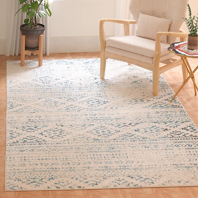 SAFAVIEH Area Rug 4x6 - Tulum Collection - Ivory & Turquoise, Moroccan Boho Tribal Design, Non-Shedding & Easy to Clean, Ideal for Living Room, Bedroom, Dining Space (TUL272E)