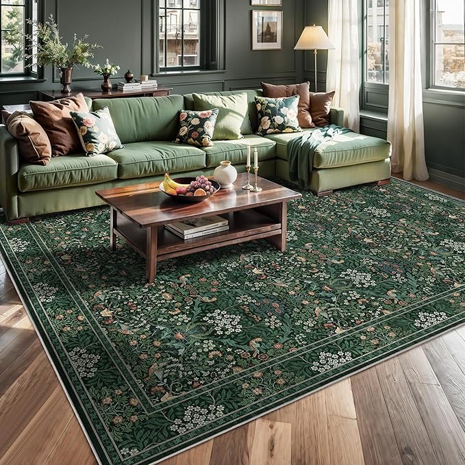 8x10 Floral Washable Area Rugs for Living Room, Vintage Boho Large Rug for Bedroom Dining Room， Distressed Botanical Birds Non Slip Low Pile Animal Throw Carpet for Farmhouse Office, Bright Green