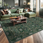 9x12 Floral Washable Area Rugs for Living Room, Vintage Boho Large Rug for Bedroom Dining Room， Distressed Botanical Birds Non Slip Low Pile Animal Throw Carpet for Farmhouse Office, Bright Green