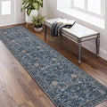Washable Runner Rug 2x8: Vintage Boho Floral Carpet Runners for Hallway Entryway Non-Slip - Soft Botanical Low Pile Thin Mat for Kitchen Bathroom Bedroom Laundry Floor Decor - Slate Blue