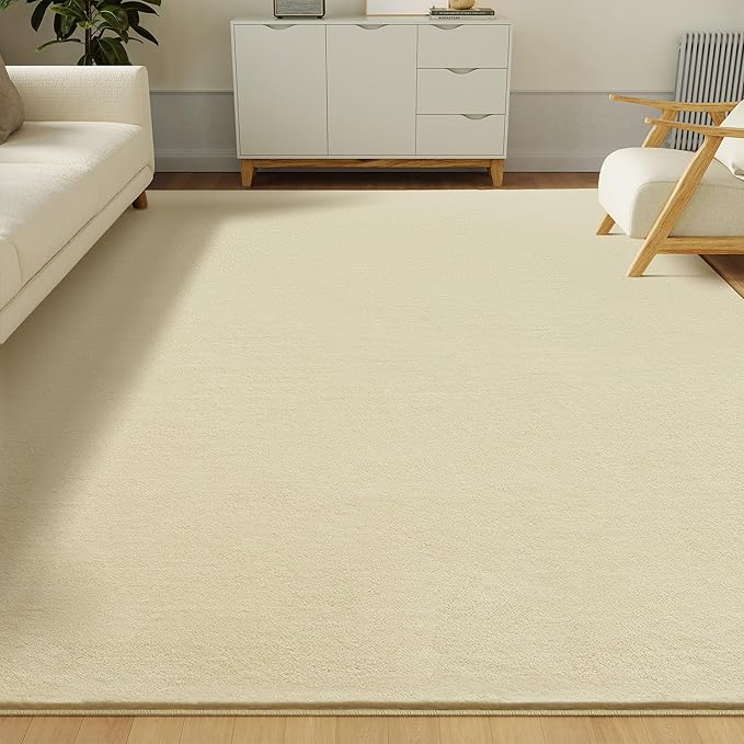 Solid Washable Area Rug - 5x7 Medium Pile Faux Cashmere Carpet for Living Room Bedroom, Light Yellow