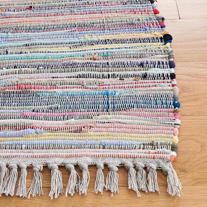 SAFAVIEH Rag Rug Collection Runner Rug - 2'3" x 6', Grey & Multi, Handmade Boho Stripe Cotton, Ideal for High Traffic Areas in Living Room, Bedroom (RAR121M)