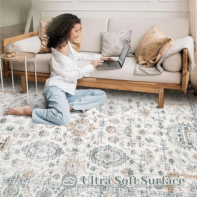 Area Rug 8x10 Living Room Rug, Machine Washable Vintage Distressed Boho Area Rug Non-Slip Soft Low Pile Large Indoor Rugs for Bedroom Kitchen Dining Room Office(Brown Green,8'x10')