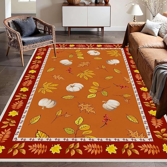 Fallen Leaves Carpet for Kitchen, 3x4ft, Autumn Pumpkins with Leave Orange Area Rug, Indoor Ultra-Thin Foldable Machine Washable Fun Pumpkin Bath Mat for Home Office Relax Room