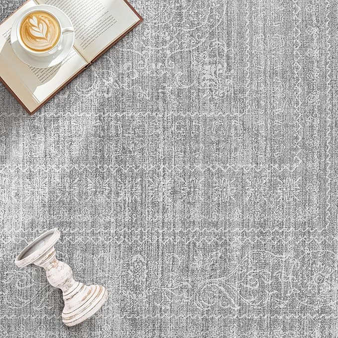 10x14 Area Rugs Living Room: Washable Large Vintage Grey Rug Neutral Non-Slip Soft Stain Resistant Indoor Carpet for Bedroom Nursery Dining Room Under Table Bed Home House Office Playroom